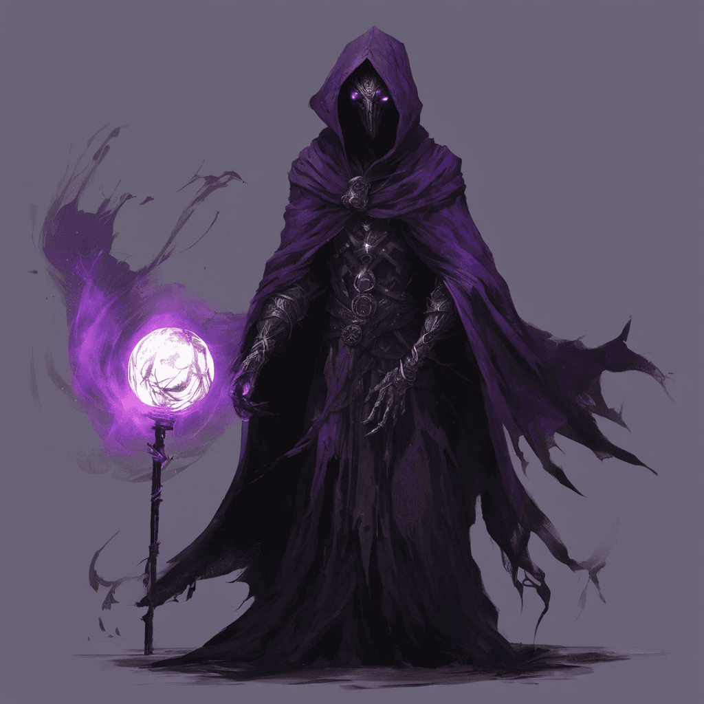 A tall, sinister figure adorned in tattered robes that seem to absorb the light around it. Glowing violet eyes pierce through the darkness of its hood, and in its gaunt, clawed hands, it wields a staff crowned with a pulsating sphere of shadows.