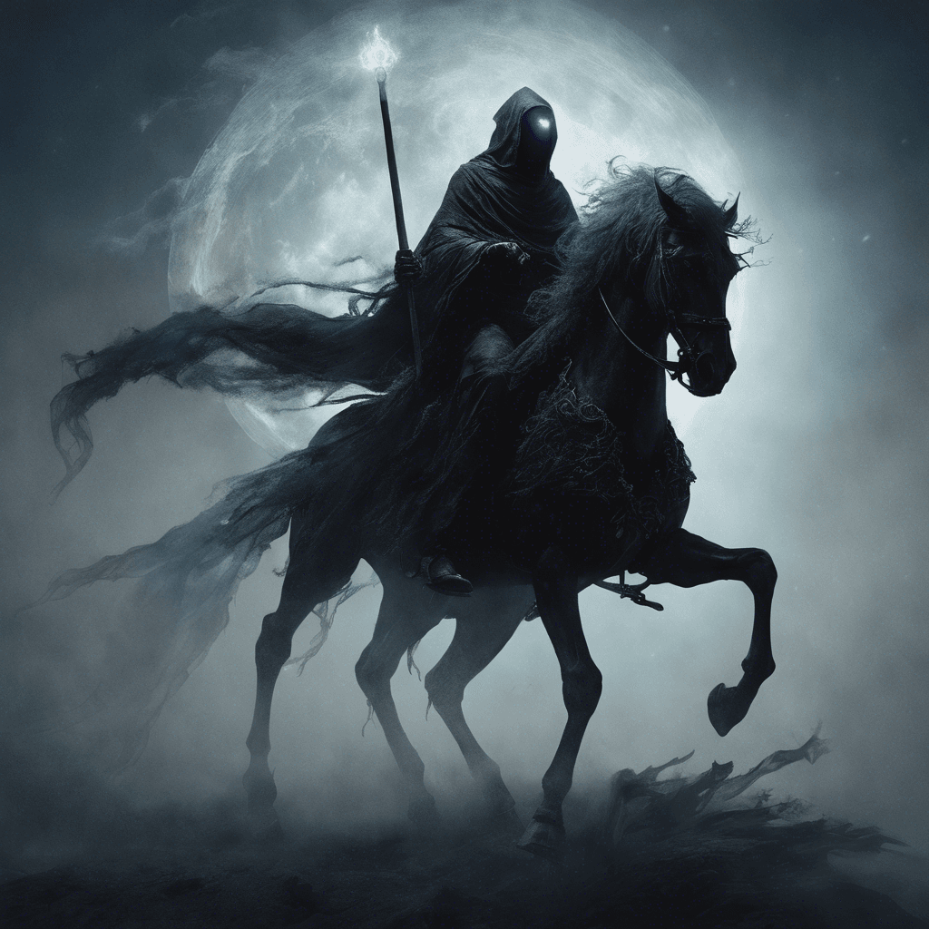 A spectral figure atop a night-black steed, both seeming to be made of shadows and mist. The horseman wields a long, ghostly lance that seems to emit a cold, otherworldly light.