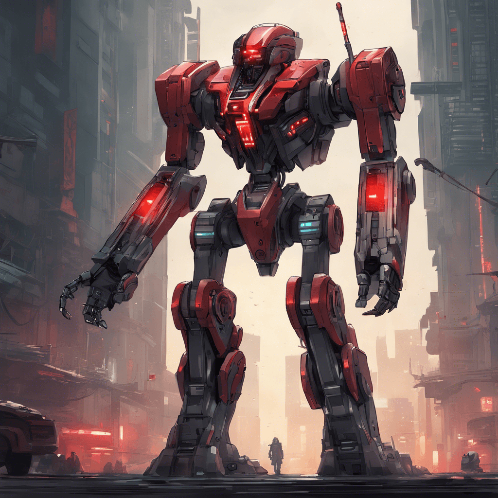 A towering titan of metal and advanced circuitry, this mecha-droid is equipped with a sleek exoskeleton, glowing with ominous red lights. Its arms are equipped with energy blades, and it has a built-in fusion cannon.