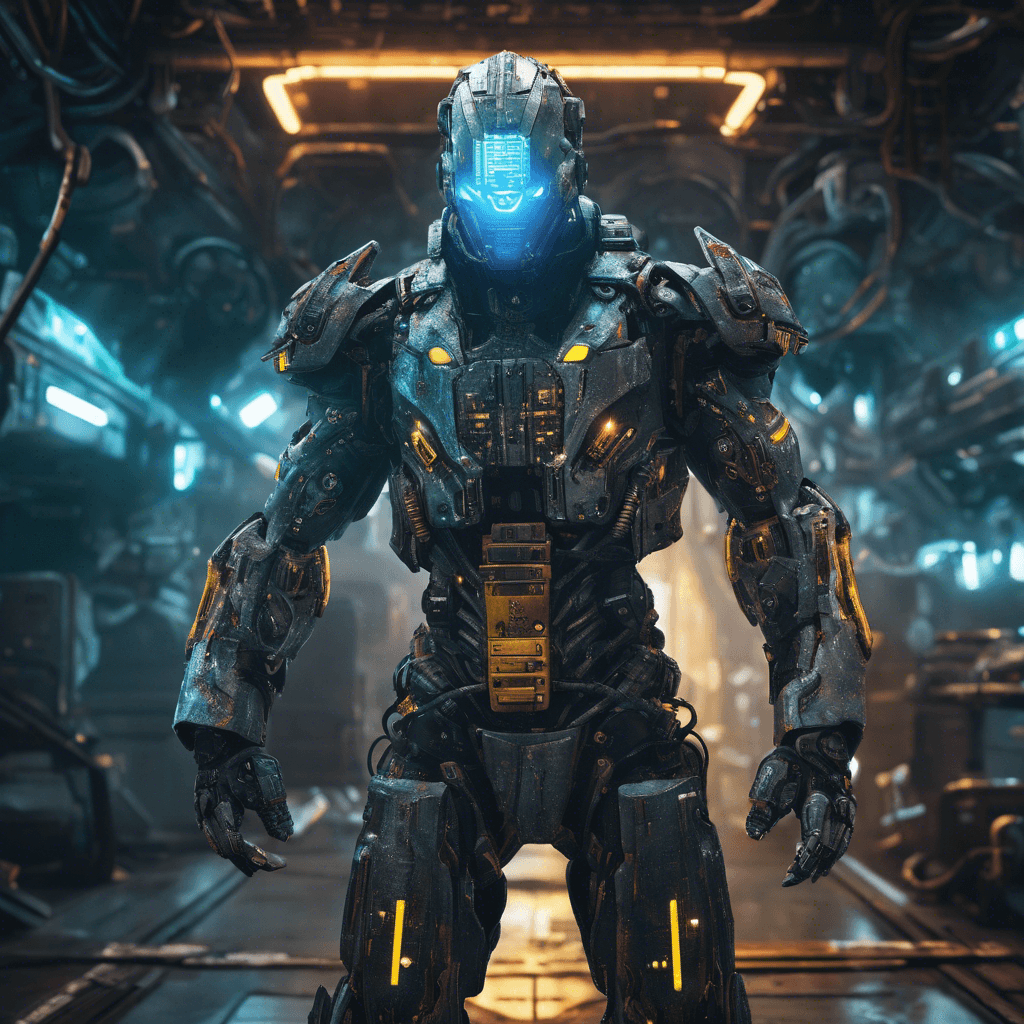 The Techno-Marauder stands in weathered cyber armor reflecting neon glows. His mechanical limbs are adorned with data ports and weaponized augmentations. His face, obscured by a visor, displays lines of code continuously running across the surface.