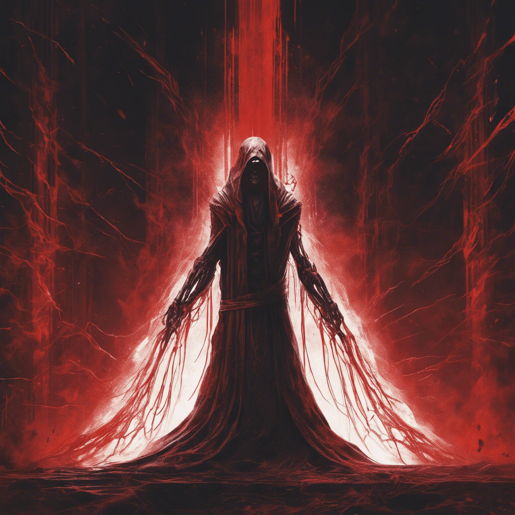 A towering apparition, tendrils of dark energy swirling around its skeletal form clad in tattered Sith robes, eyes glowing with malevolent red light, emanating an aura of ancient power.