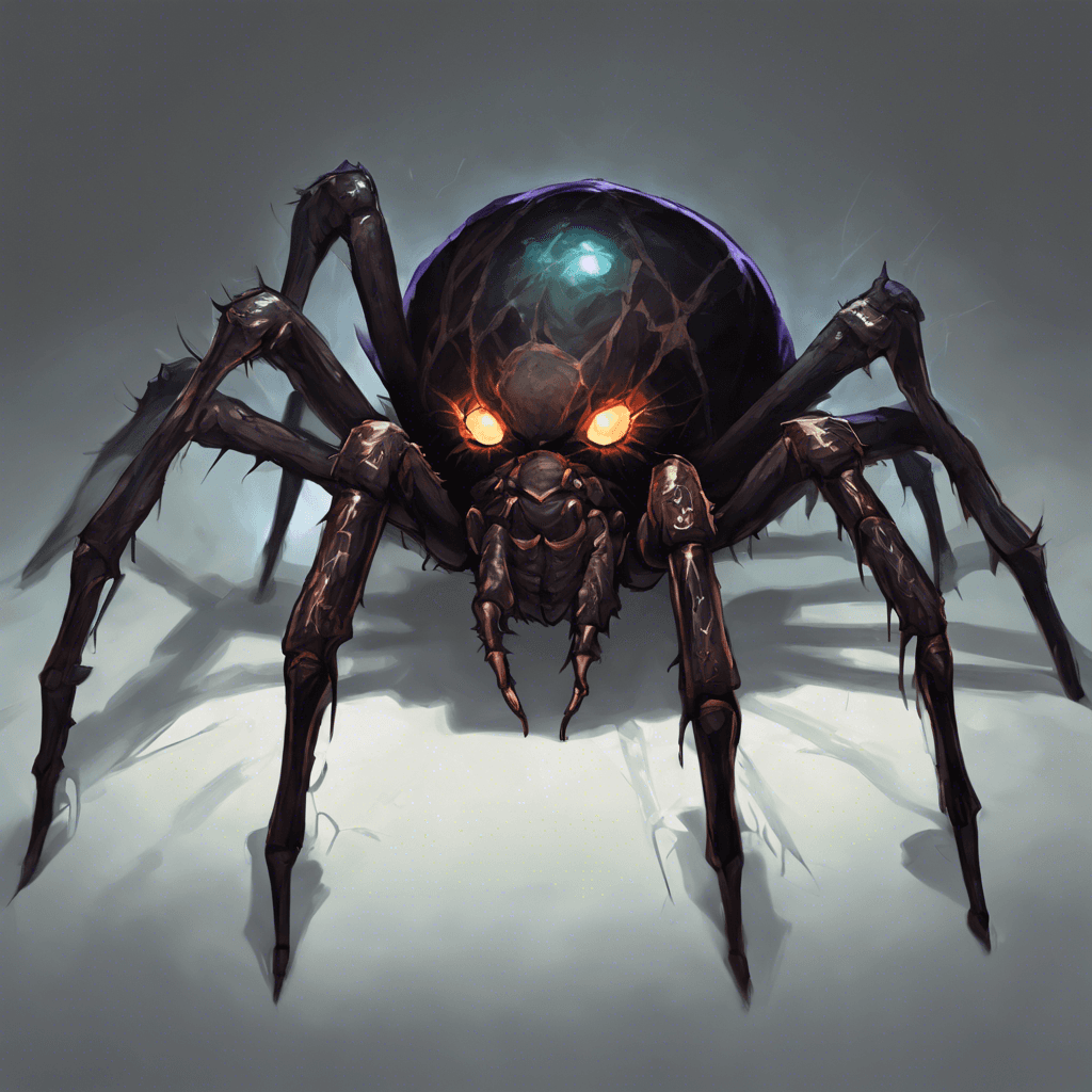 A massive spider with glistening obsidian-colored chitin, and eyes that flicker like tormented souls. Its fangs drip with a luminescent, virulent poison.