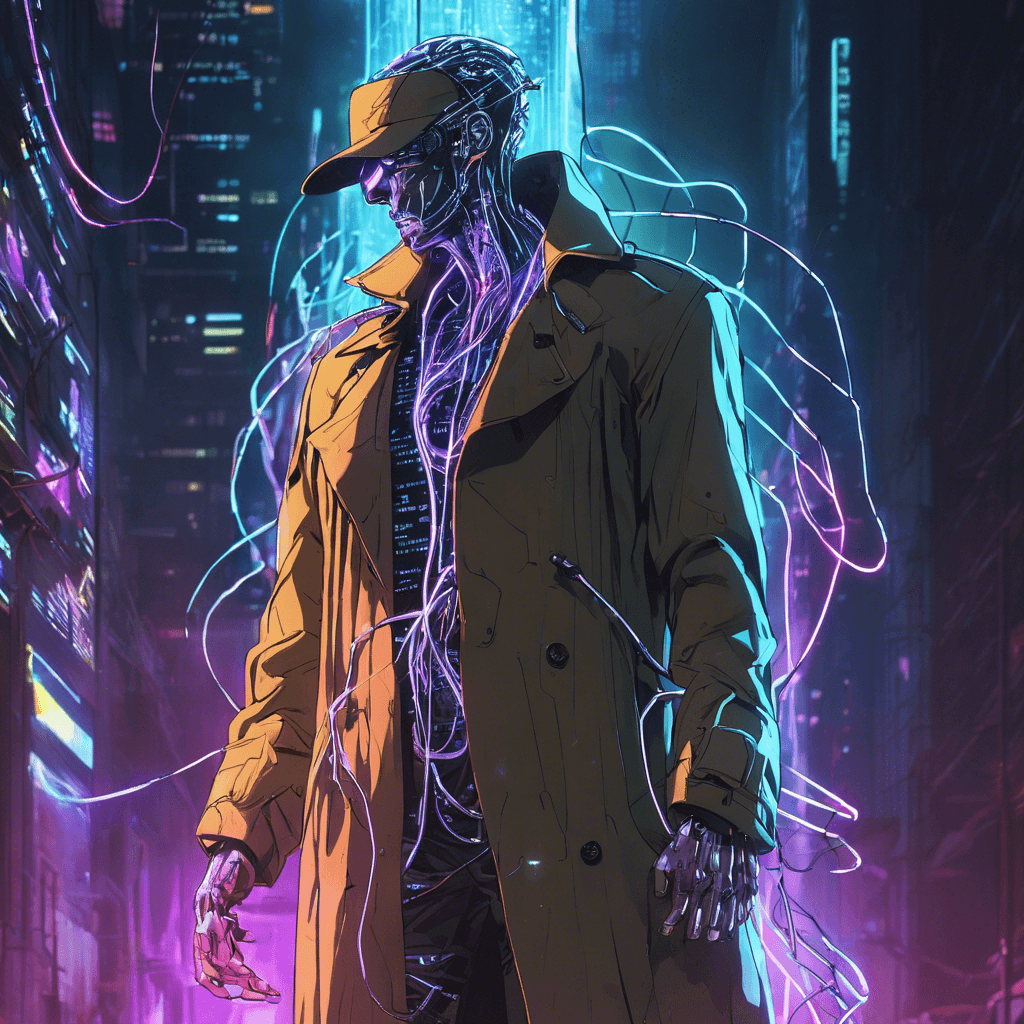 A towering figure clad in worn trench coat, pulsing data cables twist from his back, limbs augmented with sleek chrome and whirring servos. His eyes, hidden behind neon-lit visors, scan the environment ceaselessly, while an aura of menacing code crackles in the air around him.