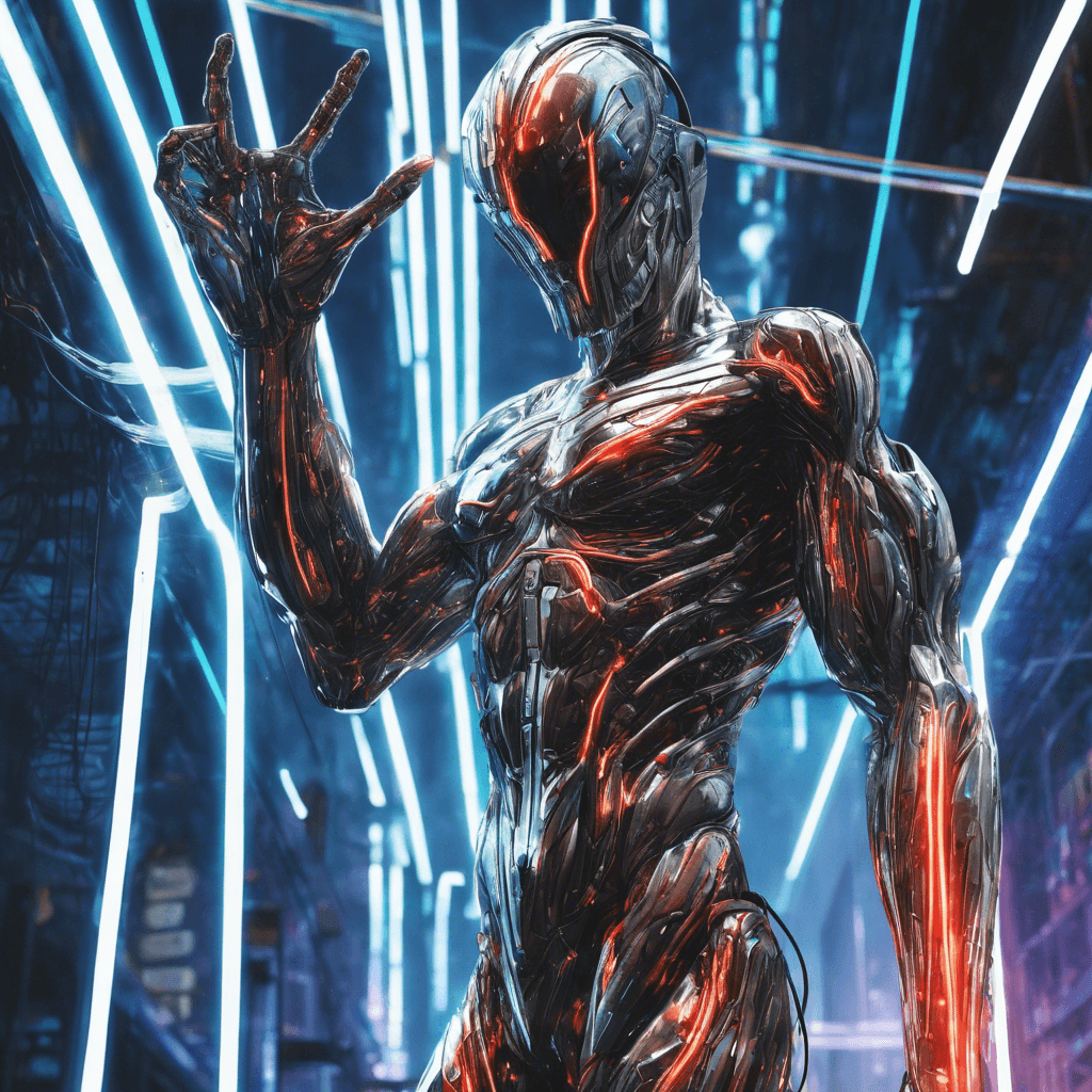 A towering figure with a polished chrome arm and a face obscured by an augmented visor, cables and neon strips run across his body like veins, and his fingers end in razor-sharp claws.