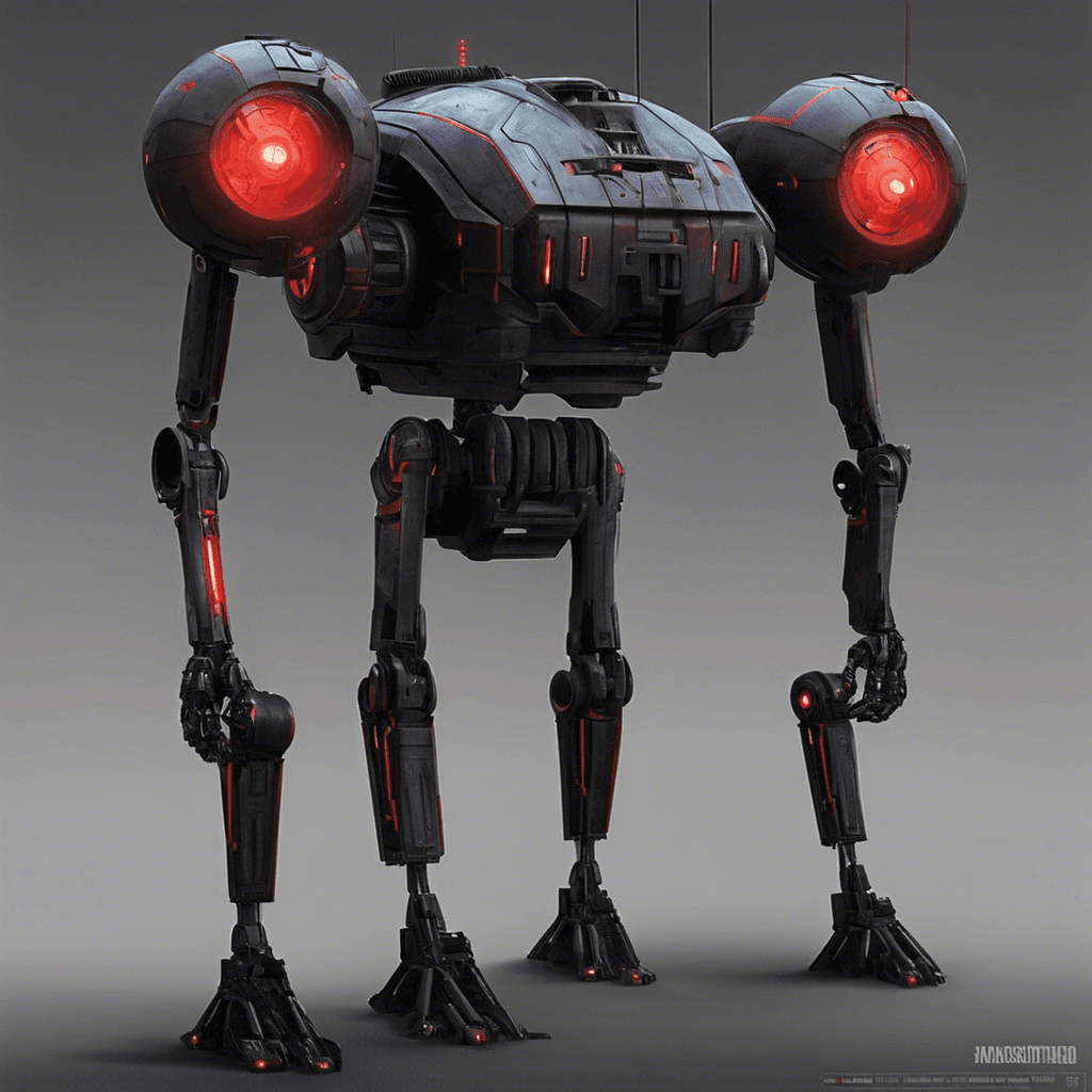 The enemy appears as a utilitarian combat droid, standing at seven feet tall with a matte black exoskeleton, armed with integrated blasters and glowing red optical sensors.