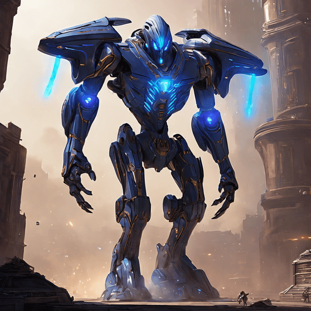 The Voidwalker Sentinel is a towering alien robot, standing over 10 feet tall. Its sleek metallic body is adorned with glowing blue energy lines, pulsating with power. Its single glowing eye scans the surroundings, locking onto targets with deadly accuracy. Armed with advanced plasma cannons and energy shields, this ancient guardian of the Inon archive will stop at nothing to protect its secrets.