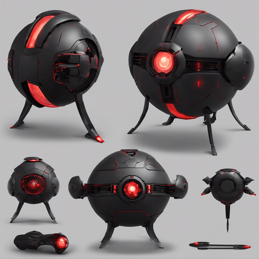 A sleek, ominous spherical drone with a matte black finish and red scanning lights. It is equipped with retractable appendages housing various weapons and a central energy core emitting a pulsating glow.