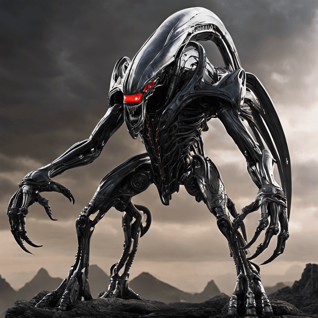 The Xenomorphic Sentinel is a towering robotic creature with sleek, silver plating and glowing red eyes. Its body is adorned with intricate alien symbols, and it moves with terrifying grace and precision.