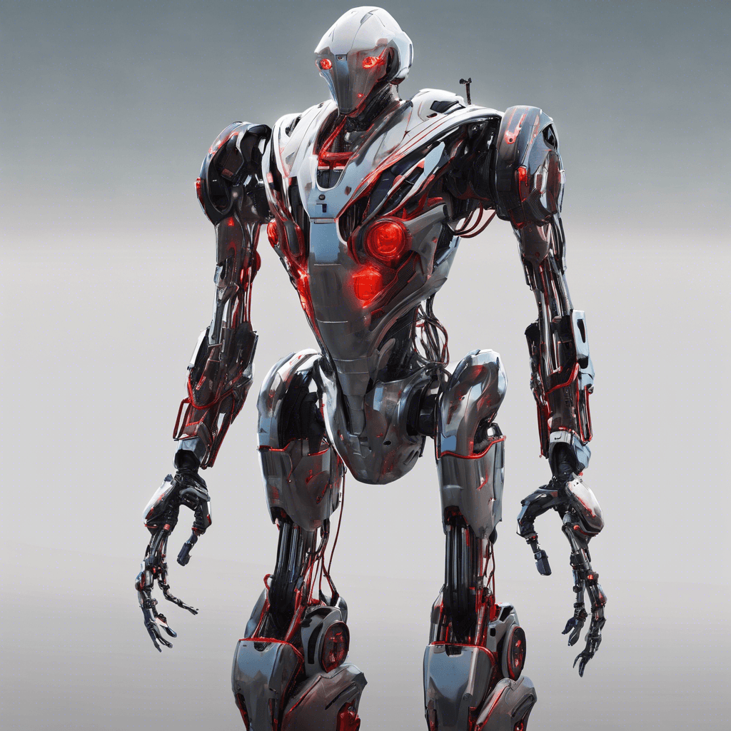 A towering, humanoid robot, the Guardian Synth has a sleek chrome exoskeleton with piercing red optical sensors. It moves with an uncanny, mechanical grace, its arms housing integrated plasma rifles, and its chest adorned with glowing energy cores.