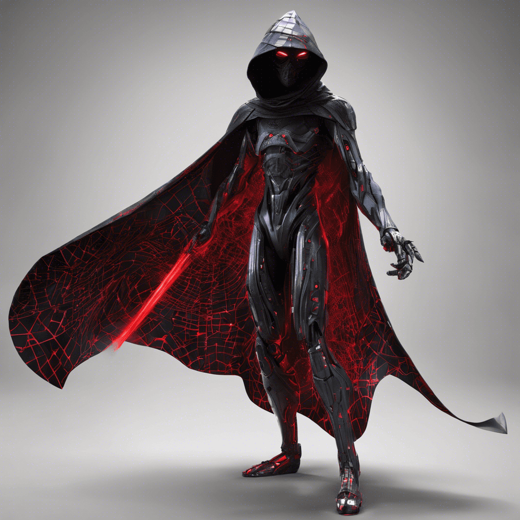 A Cyber Shade is a stealthy and agile figure, shrouded in a cloak made of shifting digital patterns that blend into the cybernetic environment. Its face concealed beneath a hood with a visor glowing in sinister red, it moves with predatory grace. Enhanced cyber limbs and holographic blades suggest a deadly adversary skilled in both physical and digital combat.