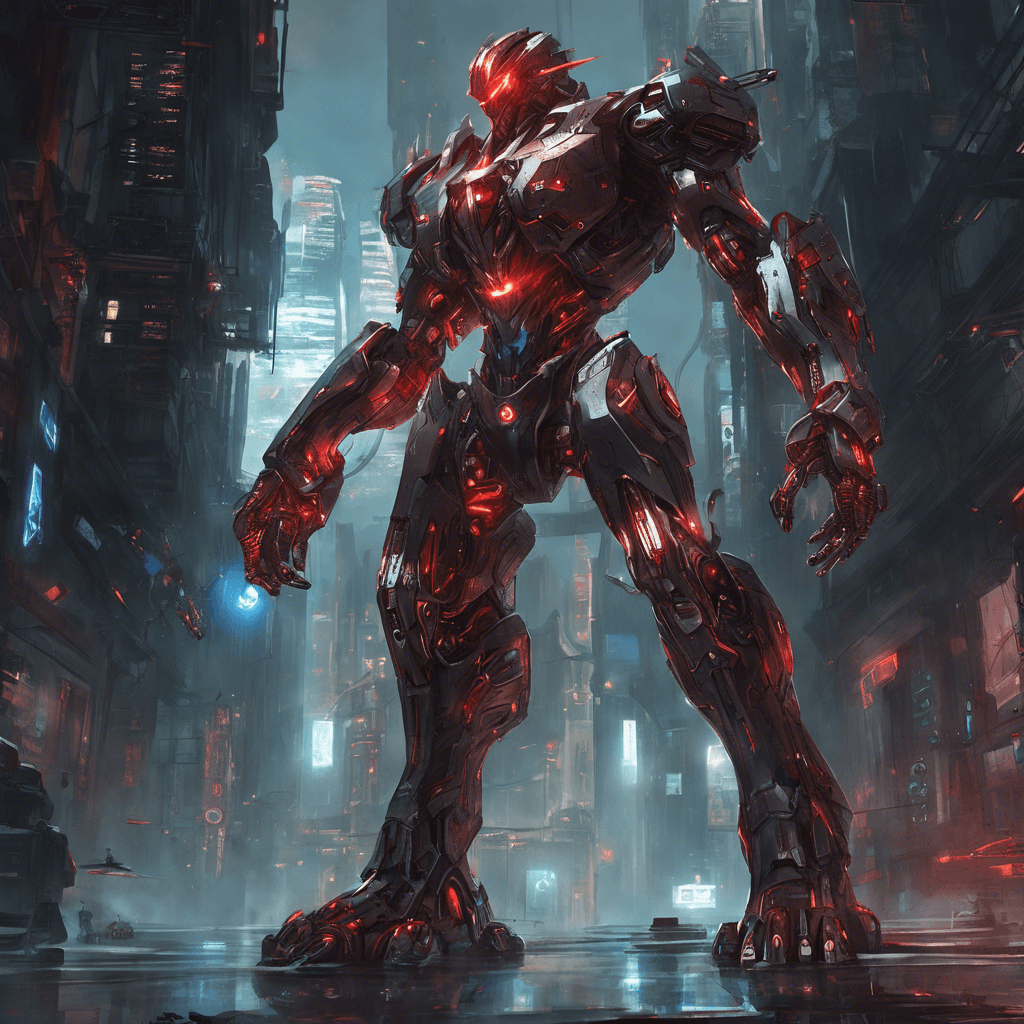 A towering figure clad in enhanced cybernetic armor, its body covered in glowing augmentations and intricate circuitry. Red eyes gleam with a cold, calculating intelligence as it moves with unnatural speed and precision.