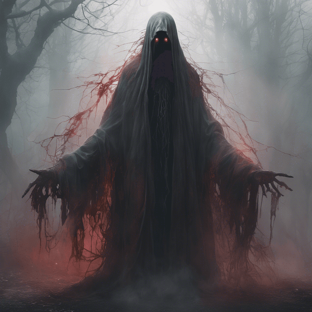 A ghostly figure draped in tattered robes, its face a hollow void with two piercing, malevolent red eyes. A cold, unnatural mist surrounds it, and spectral chains clink softly as it floats above the ground.