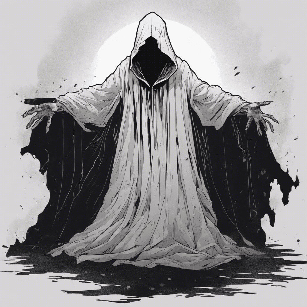 A spectral figure hovering slightly above the ground, its tattered robes floating ethereally. Its face is hidden in the darkness of its hood, and its hands glow with an ominous light.