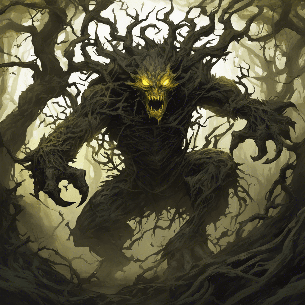 A hulking creature with twisted limbs like gnarled tree branches, entirely shrouded in dark, thorny vines that seem to absorb light around them. Its baleful yellow eyes gleam with malevolence, and sharp bristles quiver with anticipation for its next victim.