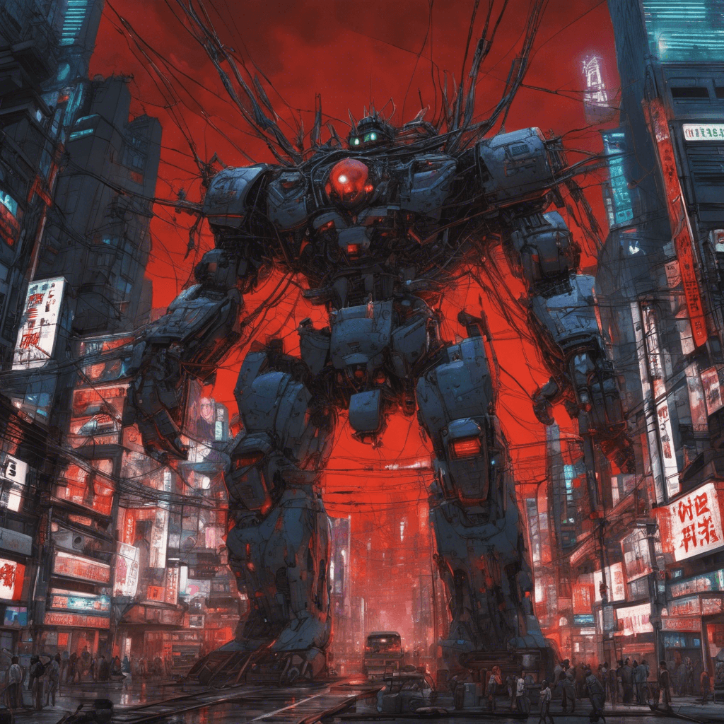 A colossal monstrosity of metal and wires, towering over the streets of Neo-Tokyo. Its body is a patchwork of stolen cybernetic enhancements, each piece pulsating with malevolent energy. Its eyes glow with a fierce red light, scanning its surroundings for any signs of Zeta Corp.