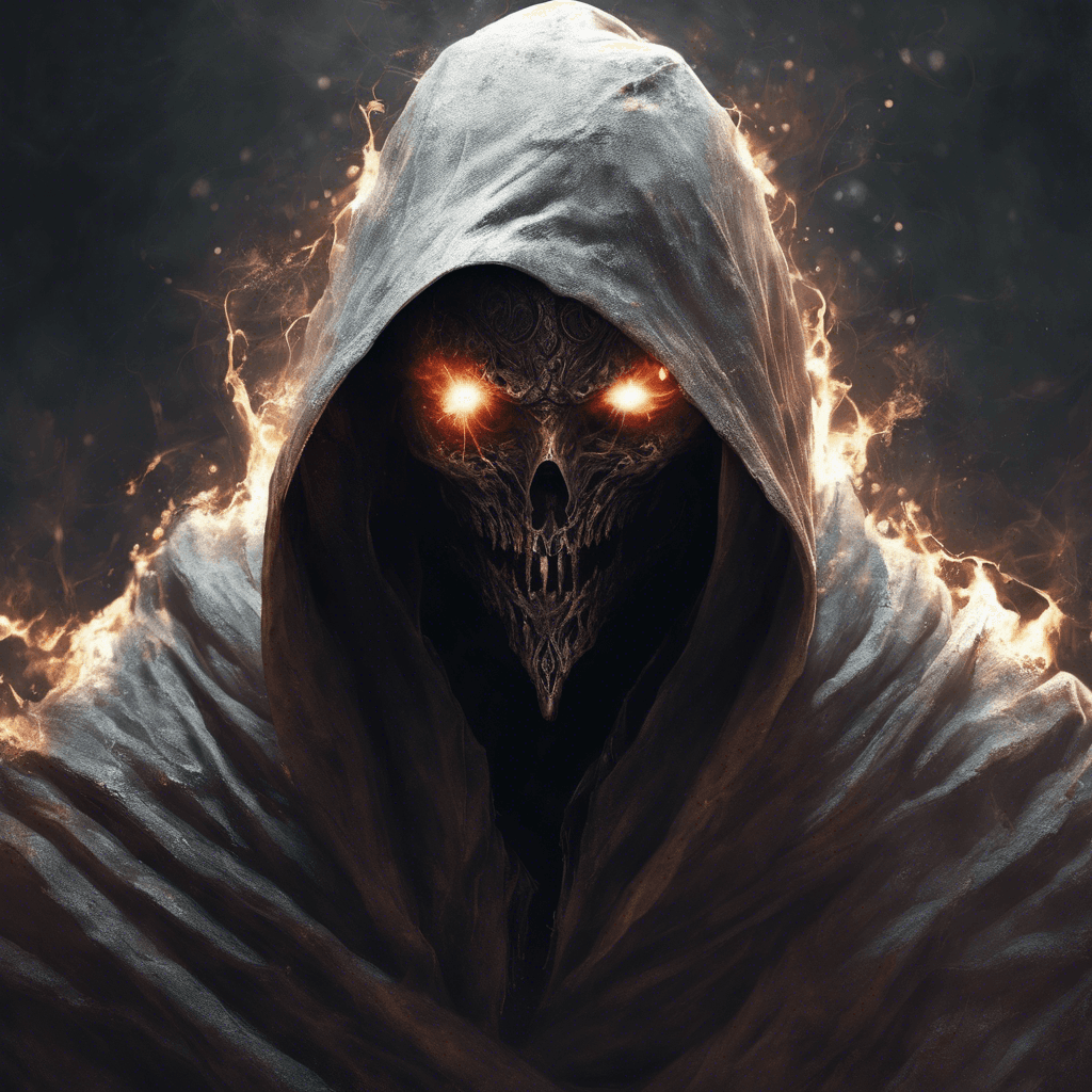 A sinister specter emerges, wrapped in tattered robes that flutter as if in an unfelt wind. Its eyes glow like embers from within its hooded visage, and its hands crackle with arcane energy.