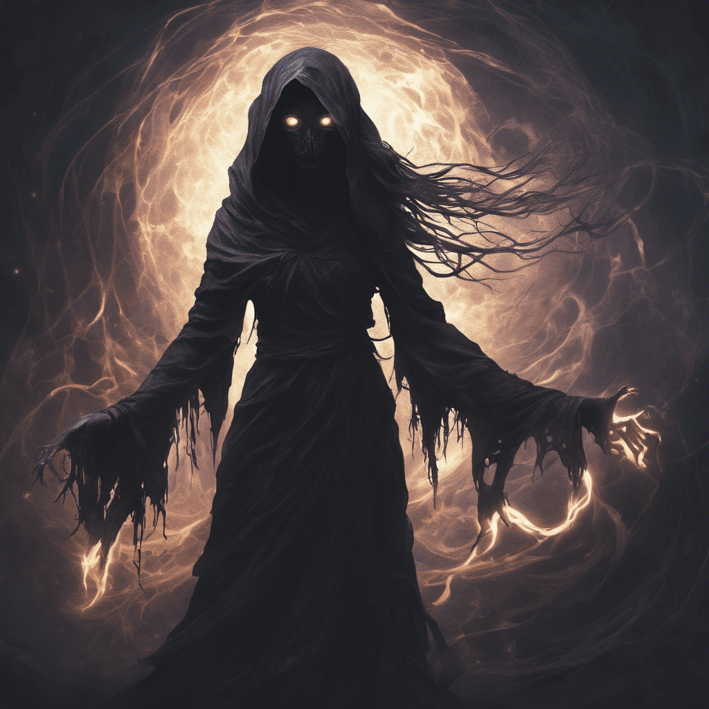 A shadowy figure clad in tattered robes, emitting an eerie glow that chills the air around it. Its hollow eyes fixate on Eleanor Thorne, glowing with a malevolent light. Wisps of dark energy swirl around its form, hinting at its spectral nature.