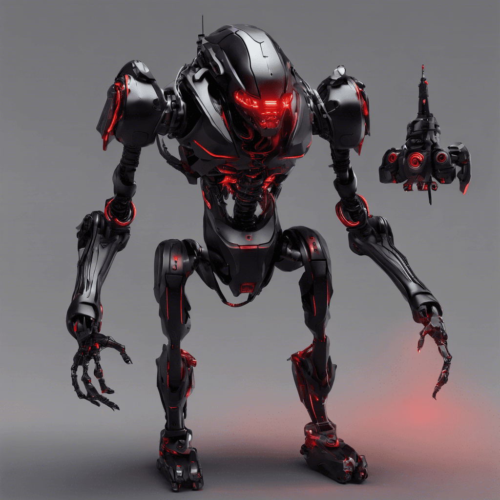 A sleek, humanoid robot with glowing red eyes and a matte black exoskeleton, featuring intricate carvings that pulse with a sinister red light. It carries a vibroblade and has a drone companion hovering over its shoulder.