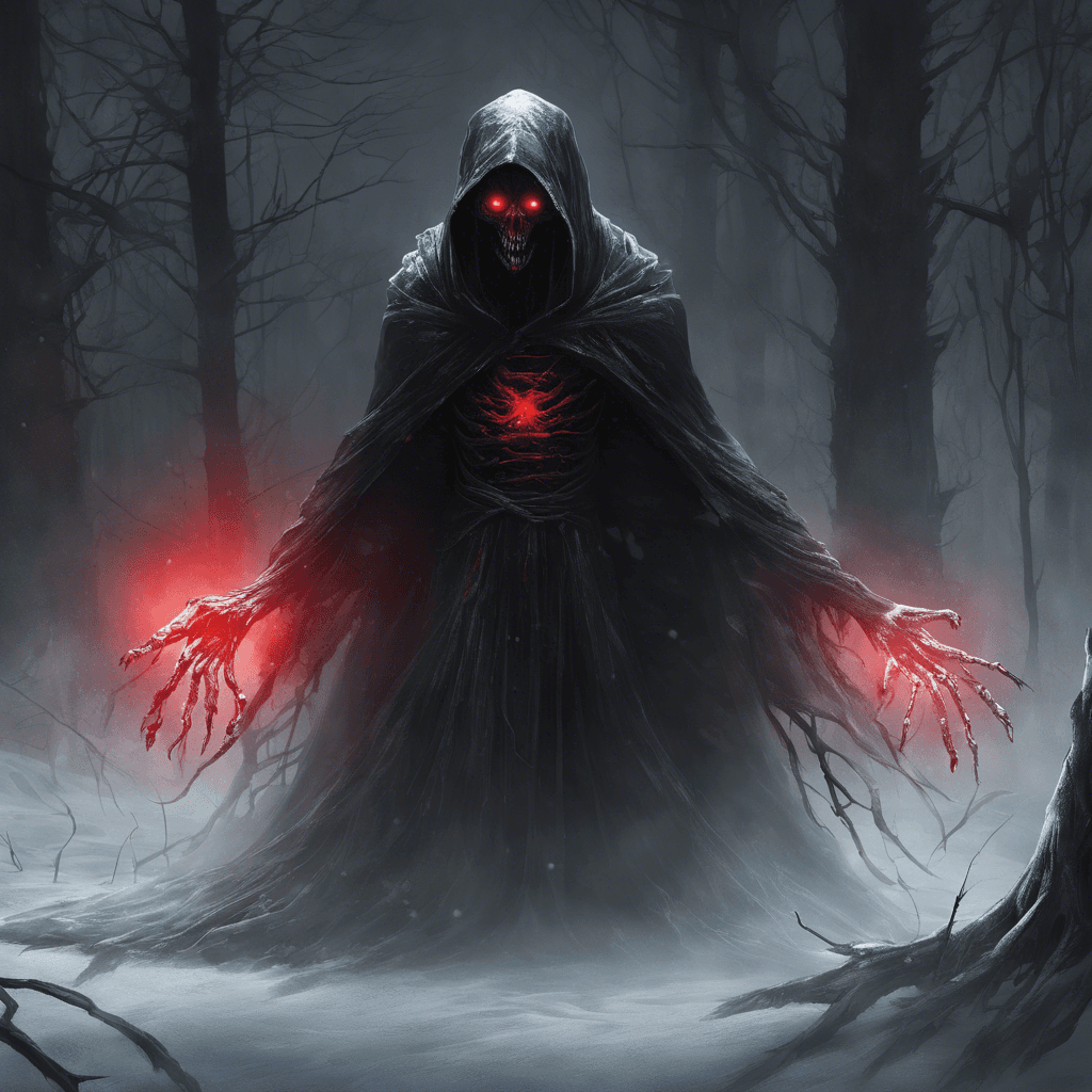 A dark, shadowy figure with glowing red eyes, surrounded by an aura of coldness and despair. The Wraith moves silently, leaving a trail of frost wherever it goes. It emits a bone-chilling wail that freezes the blood of anyone who hears it.