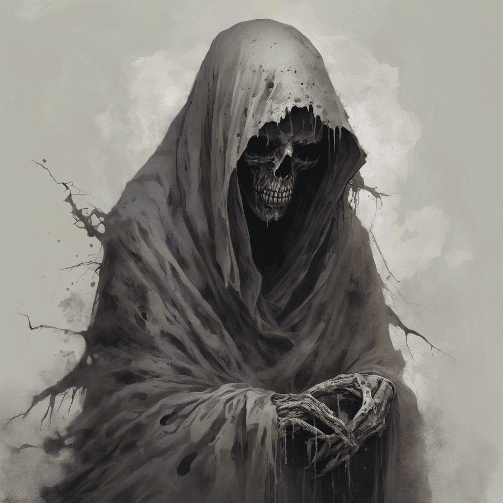 A ghostly figure wrapped in tattered robes, emanating a sinister aura of disease and decay. Its eyes are hollow pits of despair, and its touch seems to wither life itself.