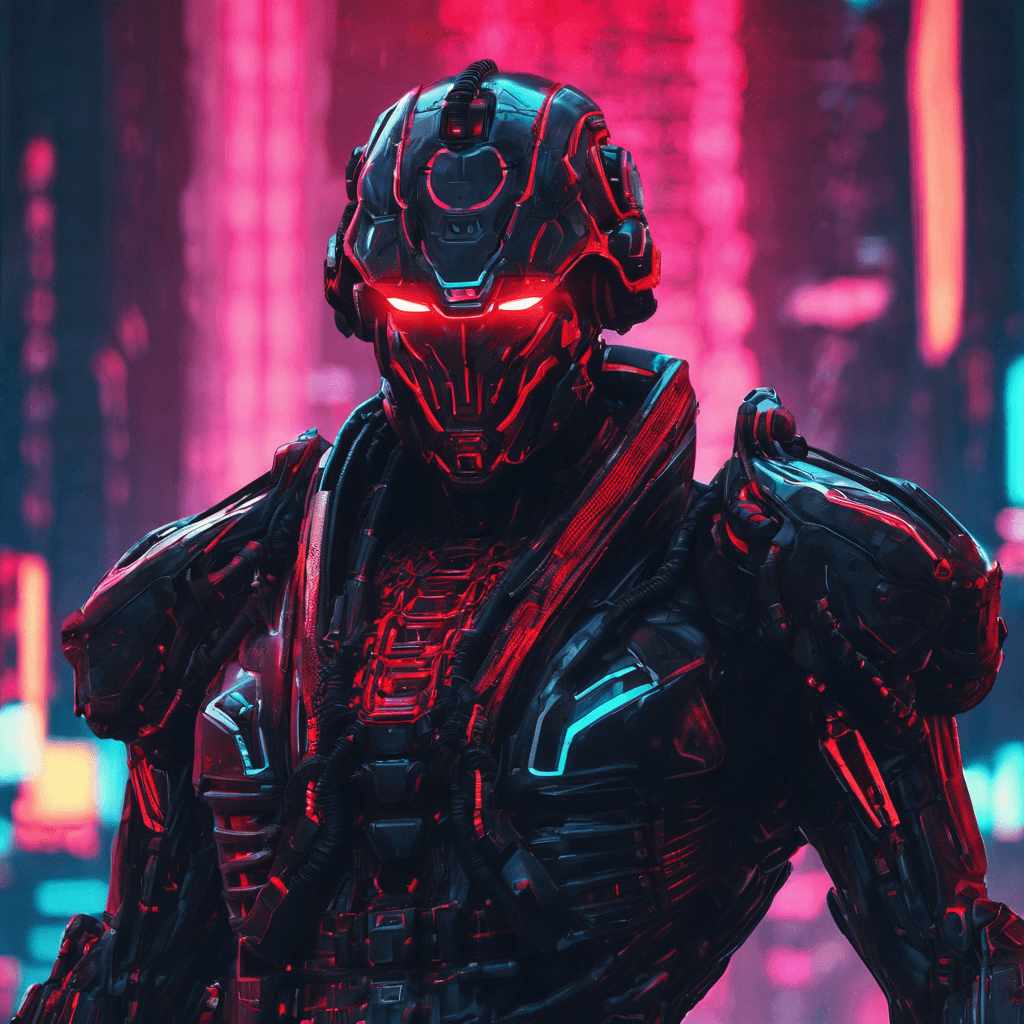 The Cybernetic Enforcer is a towering figure clad in sleek, black cybernetic armor, adorned with glowing red accents. Its eyes gleam with artificial intelligence and its movements are precise and calculated, exuding a sense of menace and power.