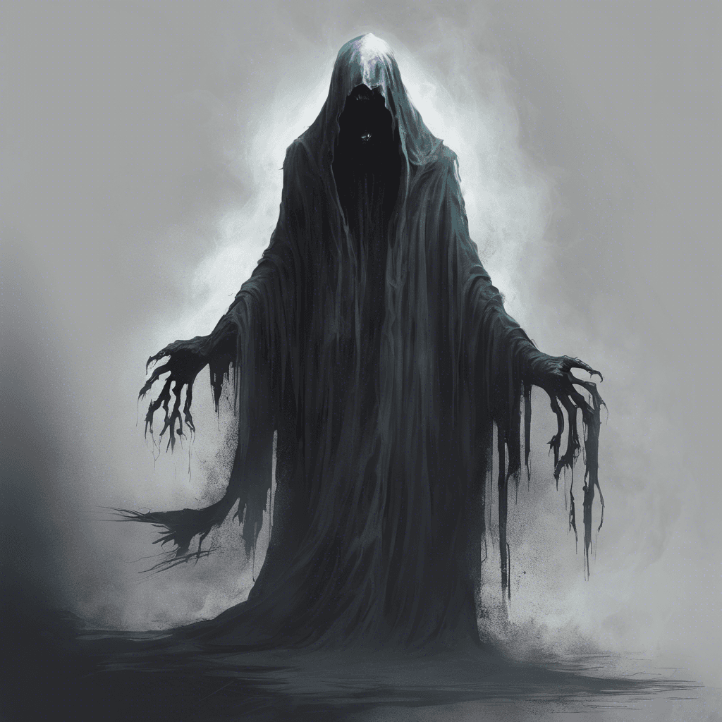 The Spectral Wraith is a terrifying entity clad in tattered robes, its face obscured by shadows. It emits an eerie glow, and its movements are silent yet chilling, as if it's walking through mist.