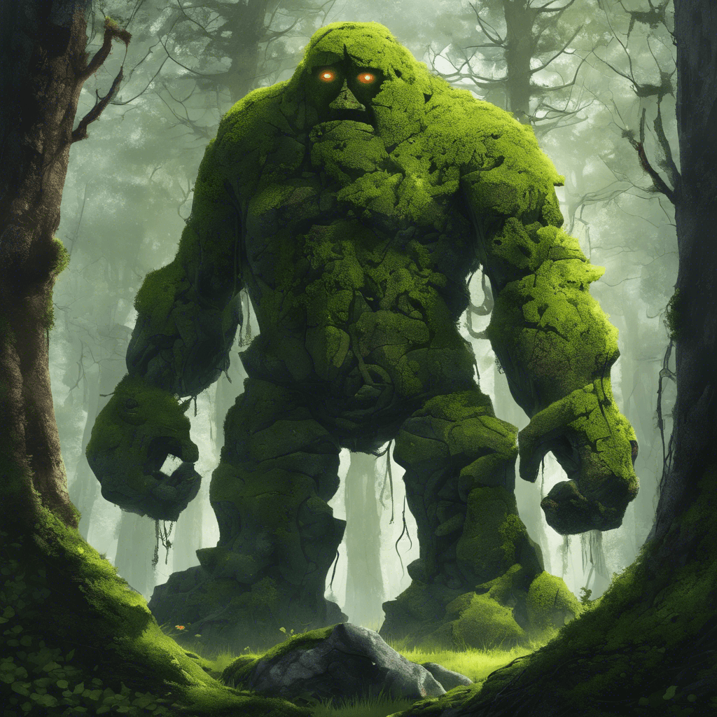 A towering golem of granite and moss, with eyes glowing a deep, earthy green. It has limbs thick like ancient tree trunks and moves with a grinding sound of stone against stone.