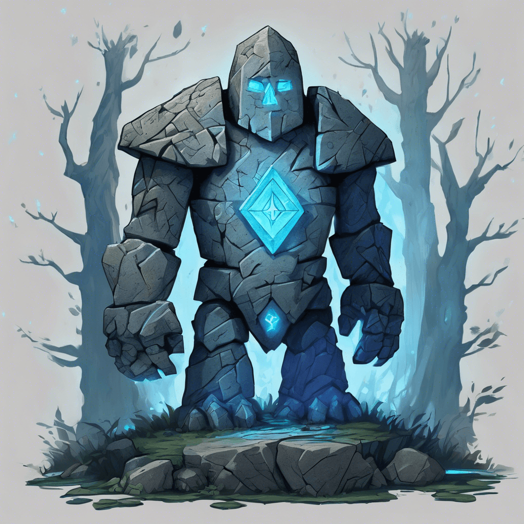 A towering stone golem engraved with glowing blue runes, animated by an ancient magic to protect the secrets of the Whispering Woods.