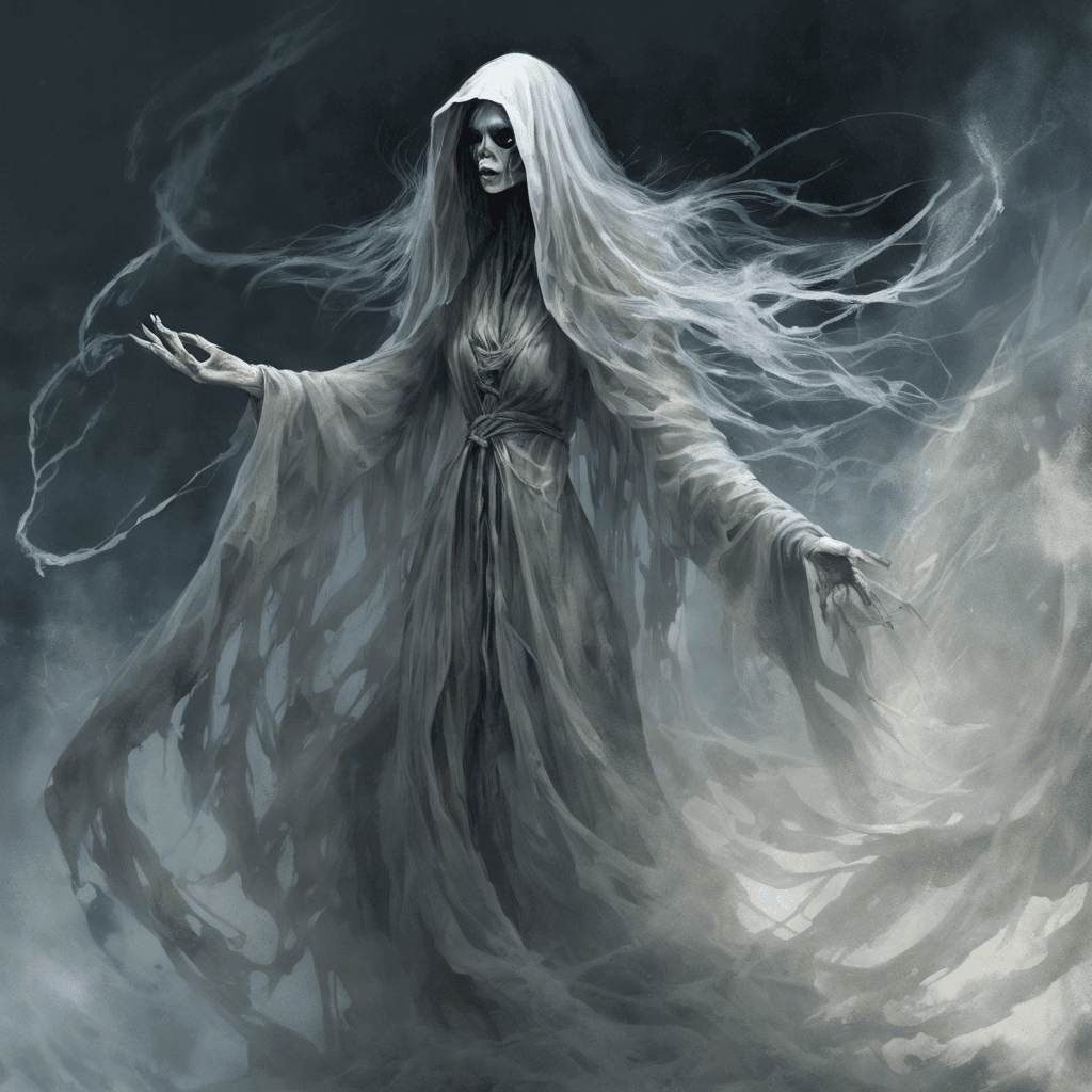 The Wailing Banshee is a translucent figure cloaked in tattered, ethereal robes that flow as if caught in an eternal wind. Her mournful cries chill the air, and her glowing eyes pierce through the darkness with an otherworldly gaze.