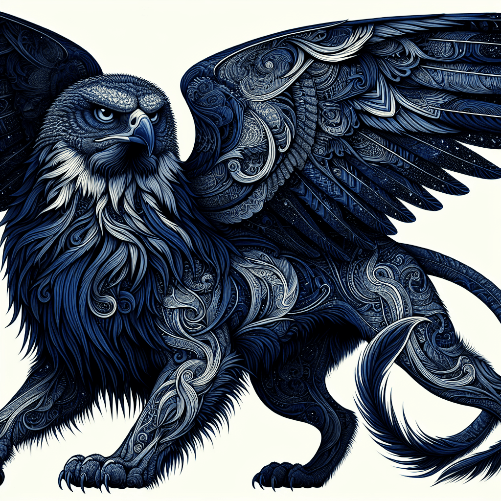 A massive, imposing creature with the head and wings of a hawk, and the body of a lion. Prowling eyes glinting in the dark, feathers and fur overlapping in shades of midnight blue.