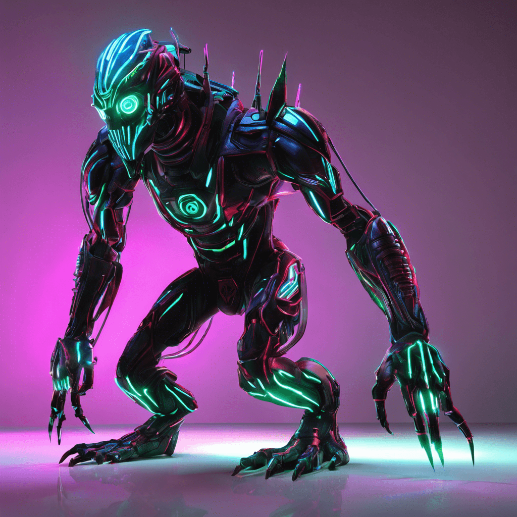 The Neon Stalker is a cybernetic creature with a sleek, metallic body covered in glowing neon lights that shift and change color unpredictably. Its eyes are sharp red lasers that scan the surroundings with precision, while sharp claws extend from its fingers, ready to strike at a moment's notice.