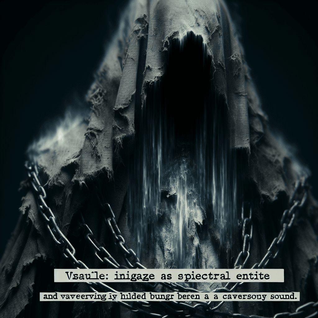 A spectral figure with tattered robes, its face obscured by a hood, and ghostly chains clanking as it floats above the ground.