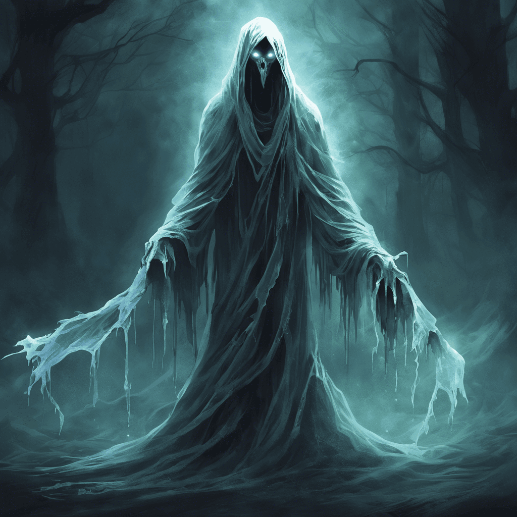 The Spectral Wraith is a ghostly figure draped in tattered, ethereal robes, its form flickering in and out of existence as it floats silently towards you. Glowing eyes pierce through the darkness, exuding an icy chill that freezes the air around it.