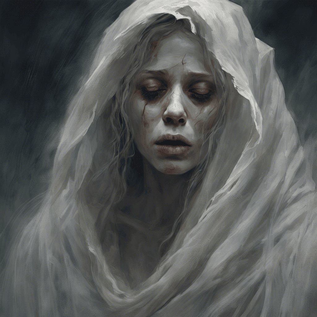 A ghostly woman, draped in tattered robes that flutter softly despite the absence of wind. Her skin is pale, almost translucent, and her eyes are hollow pits of despair. Her mouth is open in a silent wail, and a sense of overwhelming sorrow emanates from her.