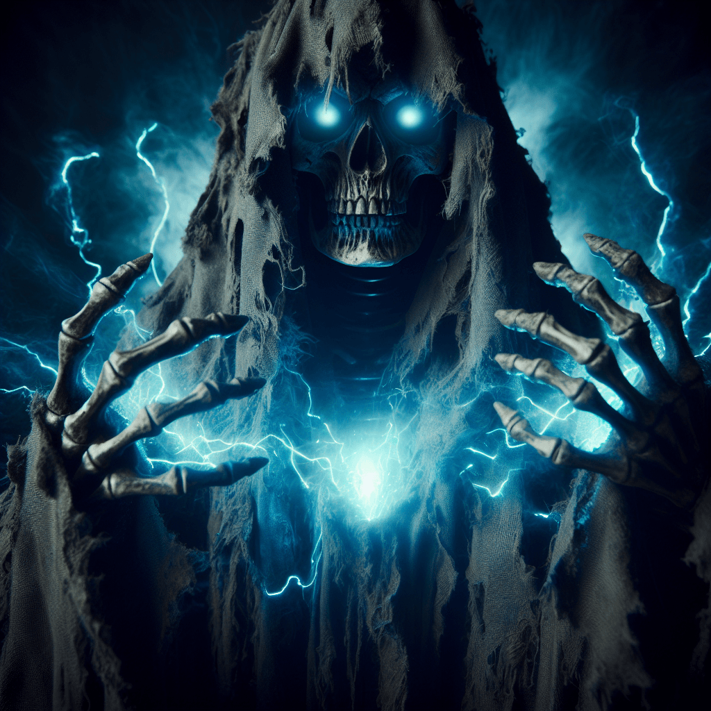 A skeletal figure shrouded in tattered robes, its eyes glowing with an eerie blue light. Its hands are raised, crackling with dark energy. The air around it is cold and heavy with the stench of decay.