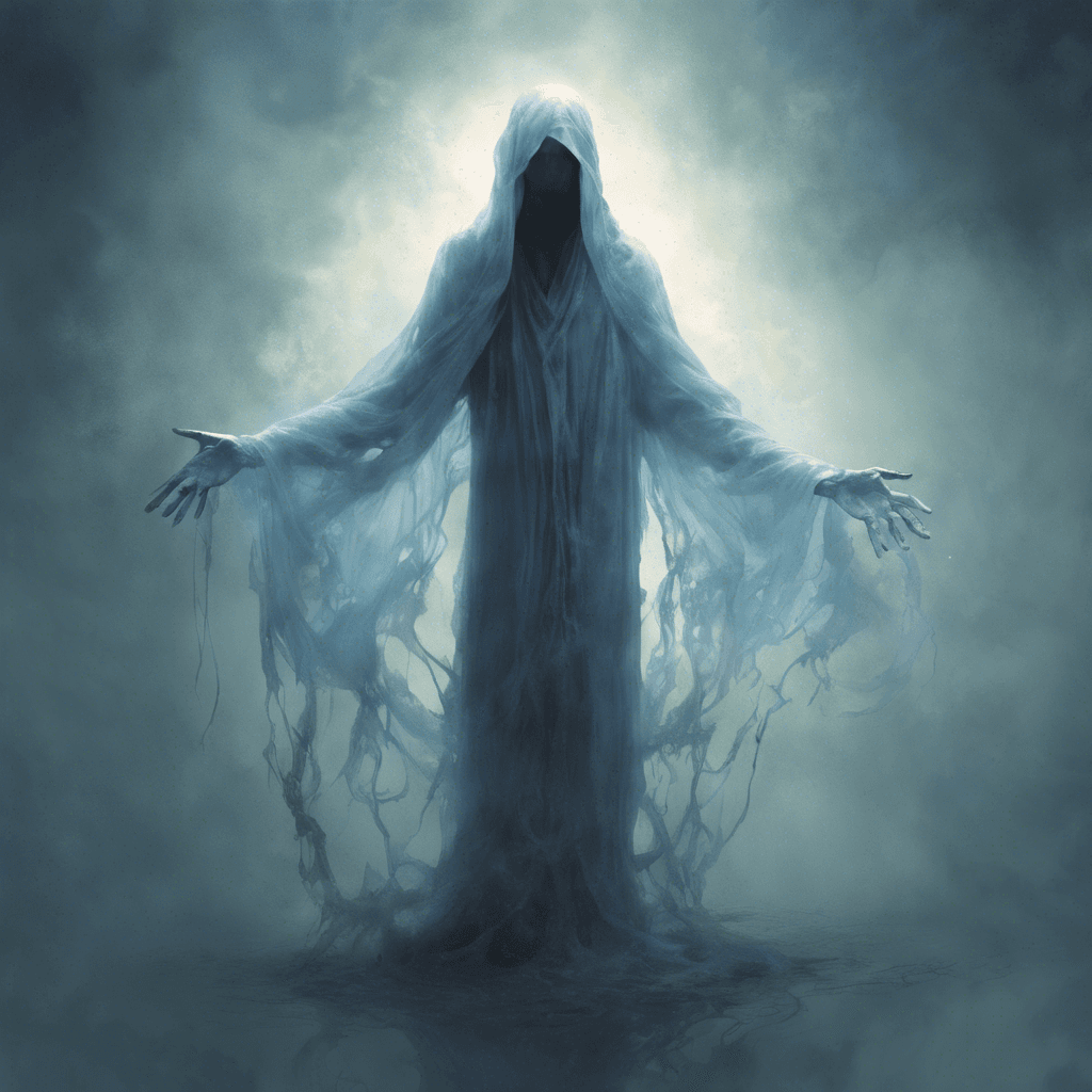 A translucent figure with tattered robes gently floating above the ground, its eyes glowing a faint blue. Its fingers end in ethereal tendrils, casting a ghastly and haunting silhouette.