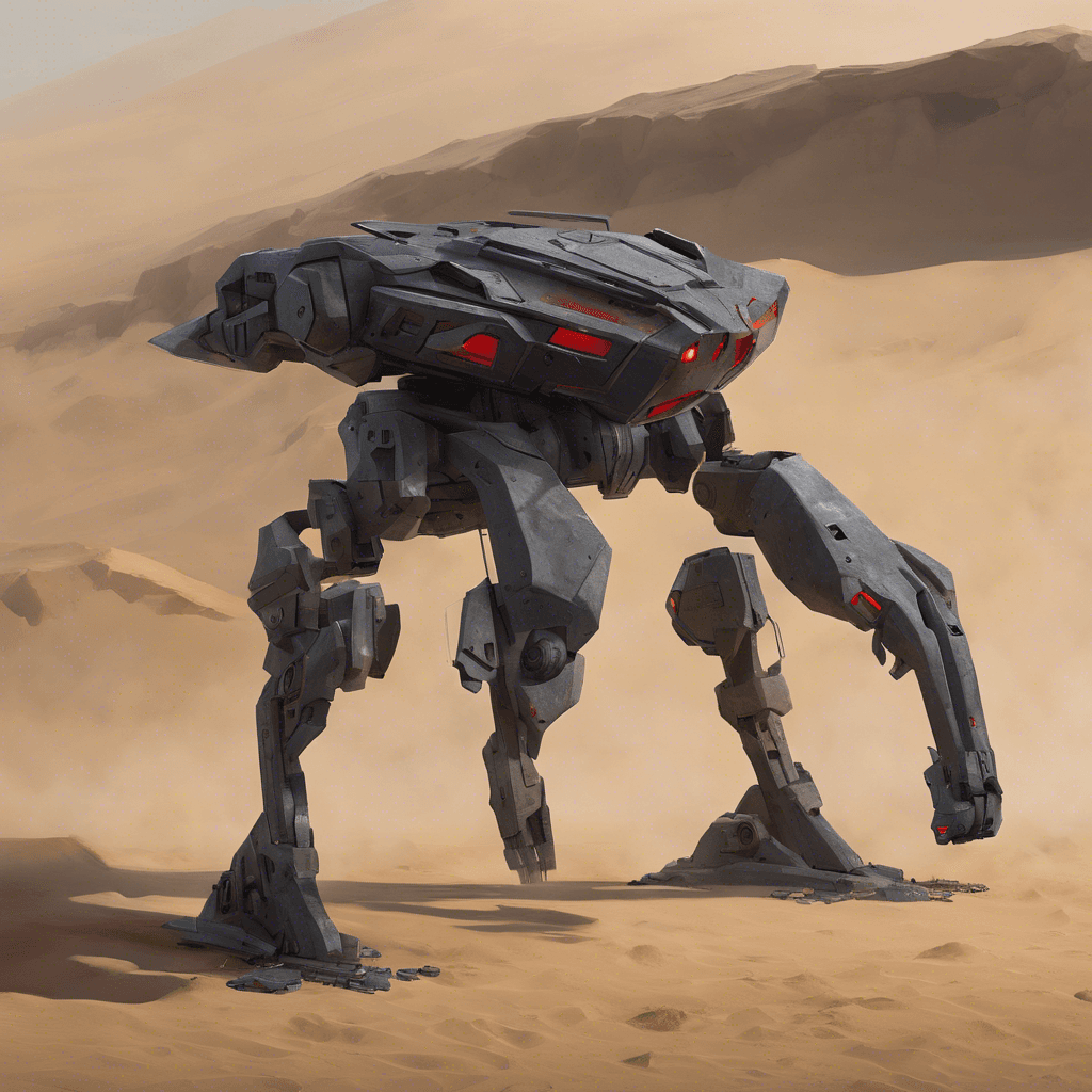 A hovering machine with a sleek gunmetal chassis, half-covered by sand-blasted scraps of what once was a shimmering coat of stealth paint. It has several red optical sensors that glow ominously, and multiple limbs equipped with various weaponry and tools, indicating its purpose for both combat and surveillance.