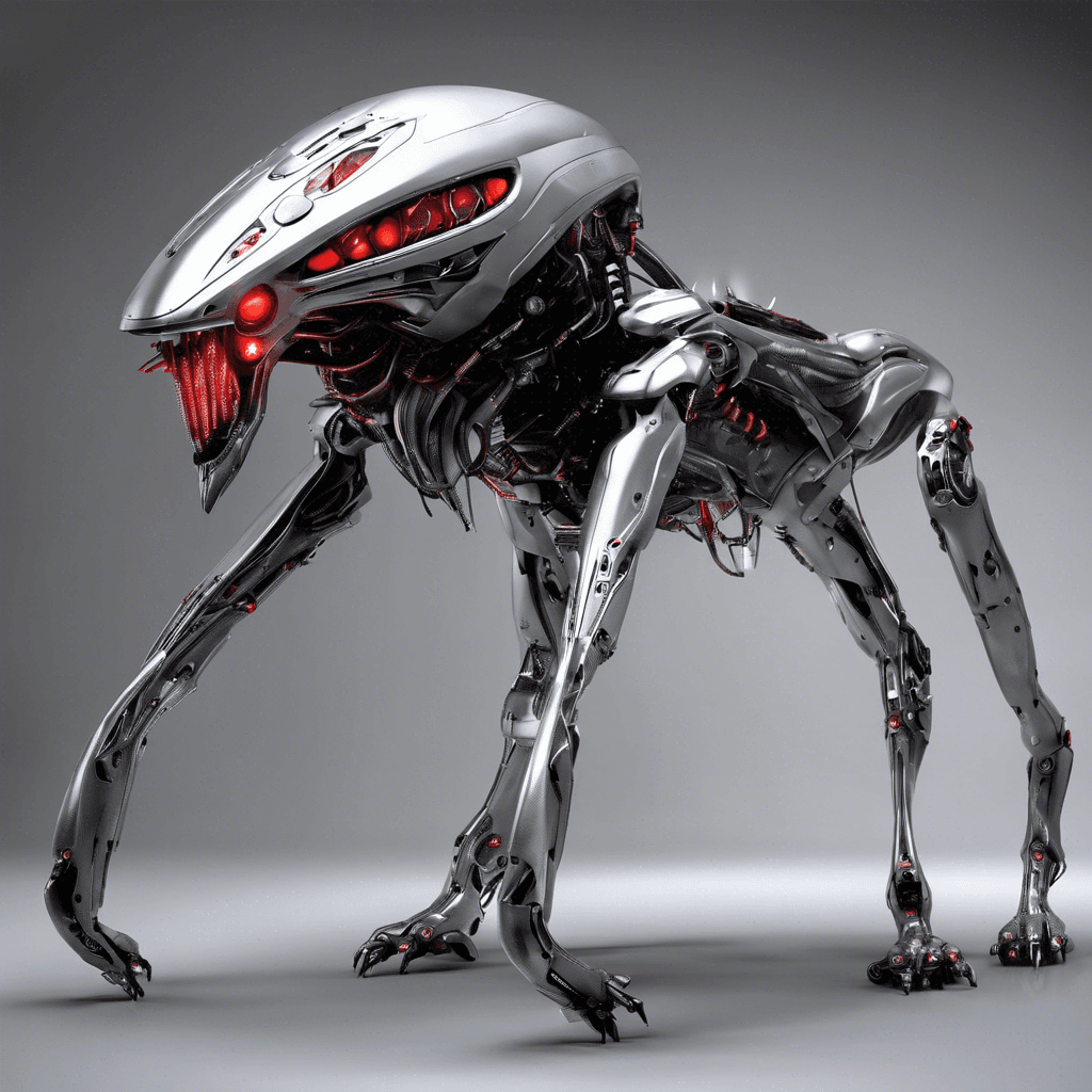 The Xenodrone is a robotic alien creature, standing at 8 feet tall with a sleek silver metallic body and glowing red eyes. Its limbs end in sharp, retractable claws and it emits a high-pitched mechanical screech as it moves. Its body is covered in mysterious symbols and energy emitters, indicating advanced technology.