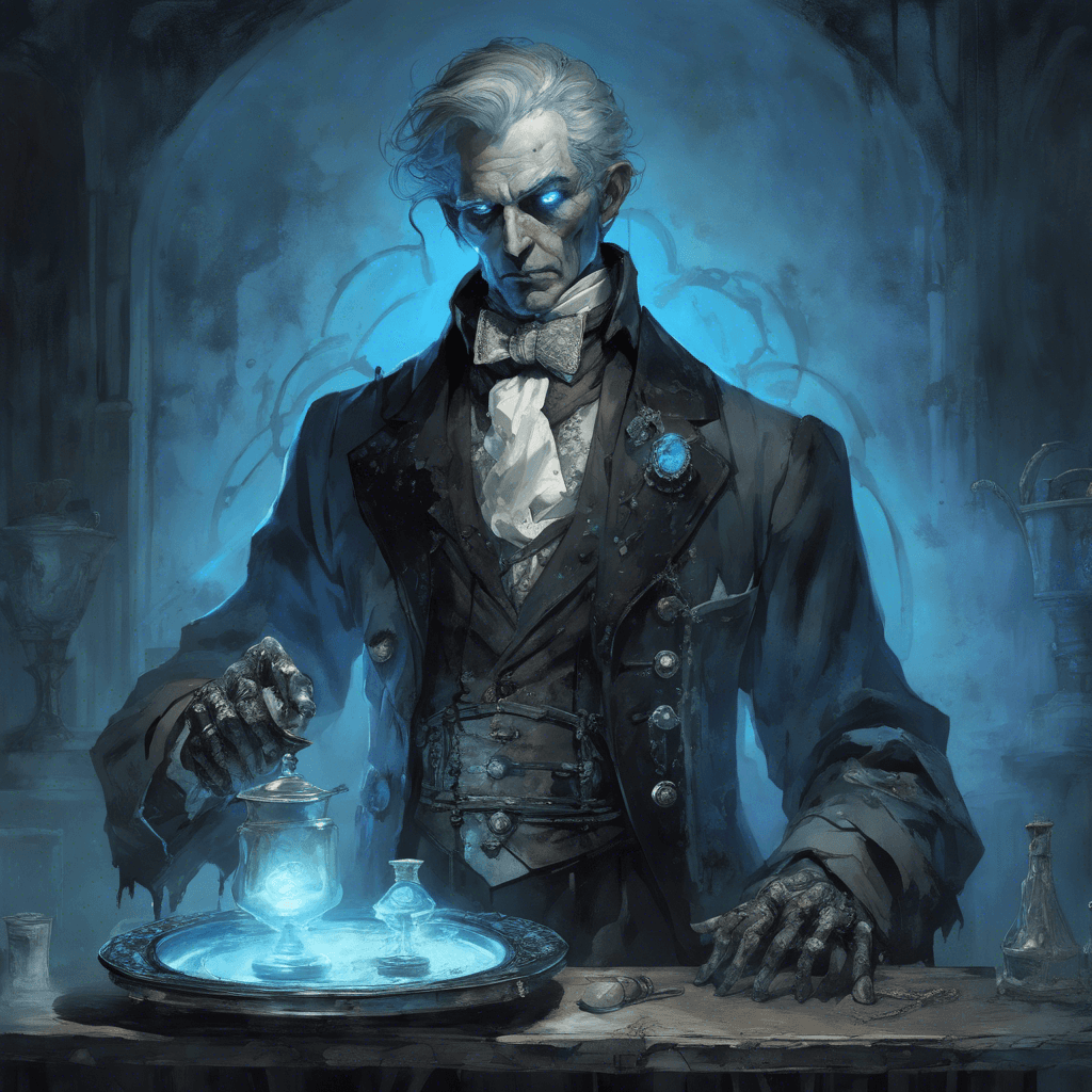 A translucent figure dressed in a tattered tailcoat from a bygone era. His hollow eyes glow with an eerie blue light, and his hands clutch an ancient silver serving tray, which he uses as a weapon and shield.