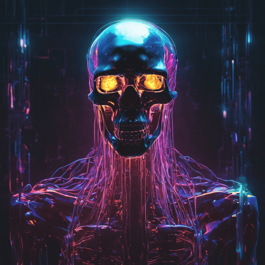 A shadowy figure limbed with neon tubes and wiry cybernetics, its face obscured by a holographic skull. Twitching with erratic movements, it looks like a specter from the digital nether, a rogue AI inhabiting a humanoid shell.