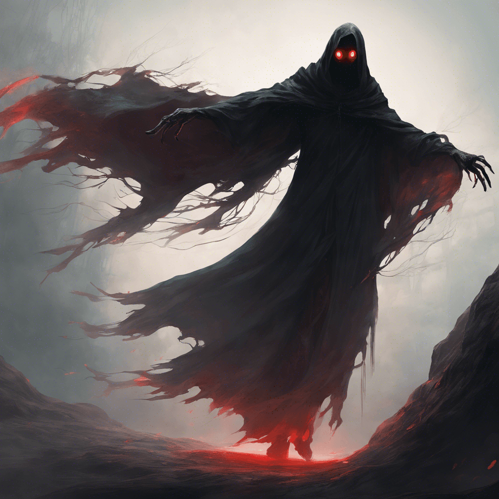 A shadowy figure, drifting above the ground, with a vaguely humanoid form. It has glowing red eyes set deep within an ethereal, tattered cloak, and long, wispy hands that reach out with chilling intent.