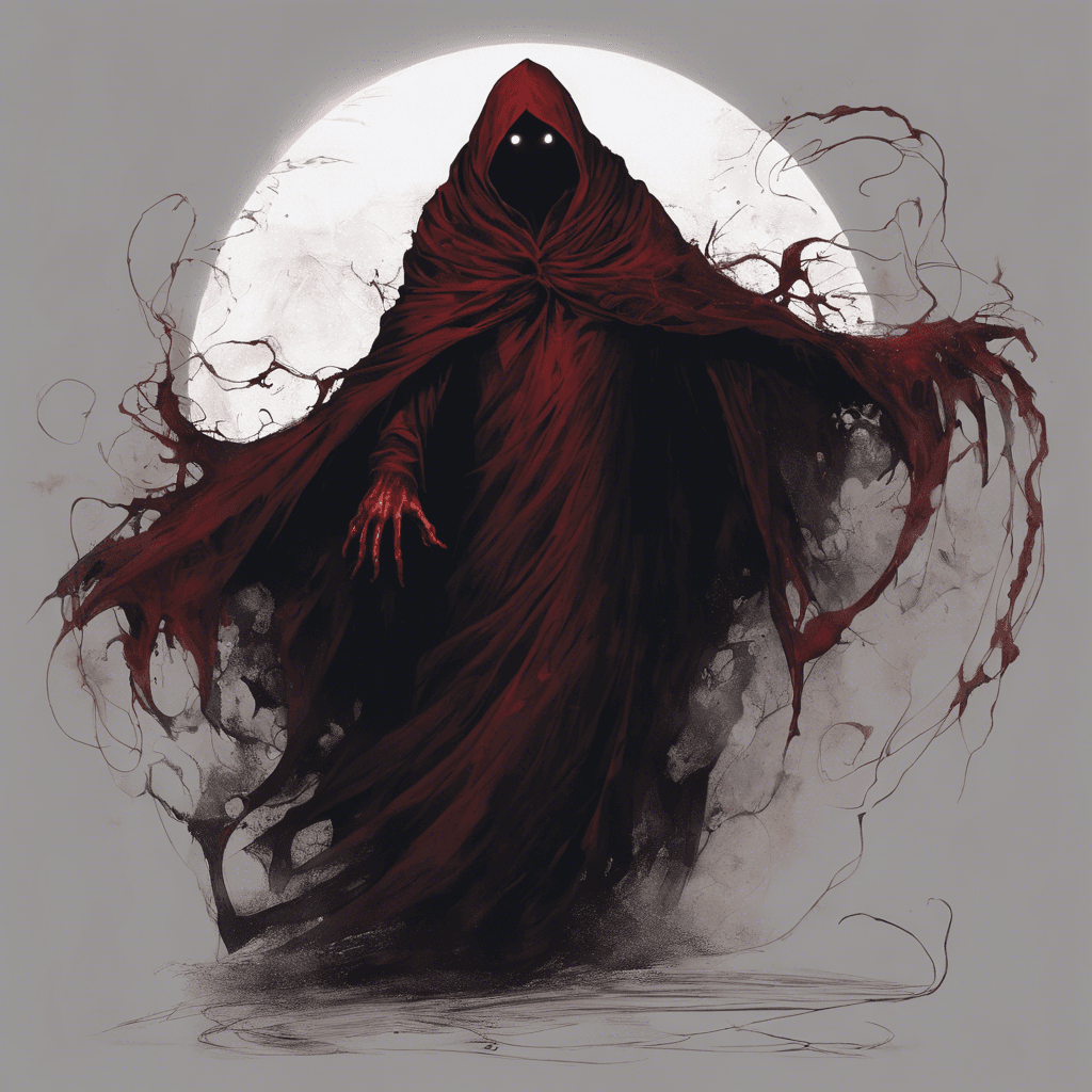 An obscure figure garbed in a tattered cloak that blends with the twilight shadows. Its eyes are a deep red, piercing through the darkness, and wisps of dark energy curl around its pale, ghostly hands.