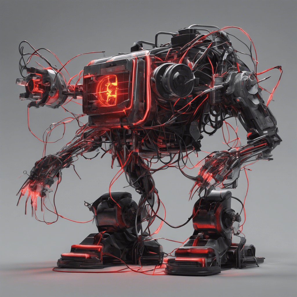 A hulking construct of metal and frayed wires, with pulsating neon lines coursing through its frame. It has a pair of glowing red optical sensors and arms that end in an assortment of menacing tools: a welding torch, a hydraulic claw, and a spinning drill.