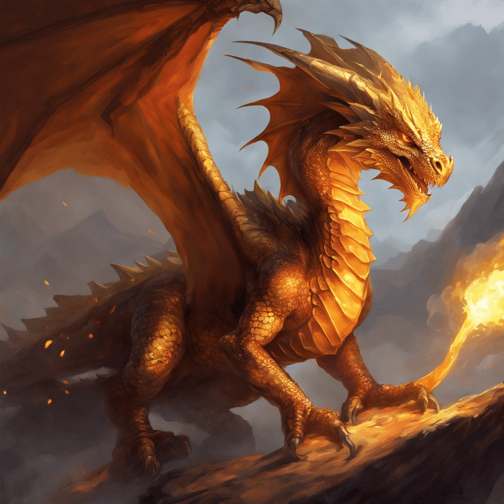 A ferocious juvenile dragon, scales shimmering with incandescent rage. Its eyes blaze like molten gold, and it exhales fumes of scorching ash.