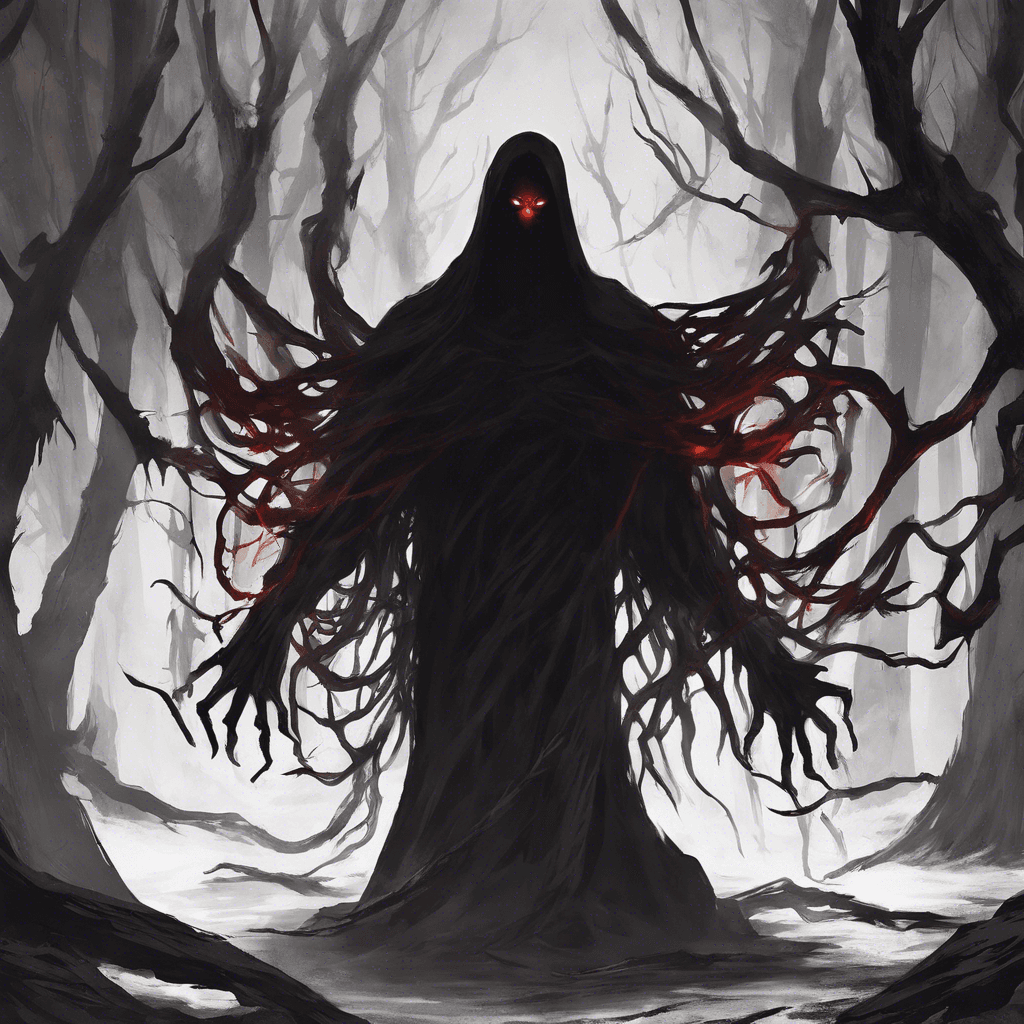 The Shadow Wraith is a ghostly figure cloaked in darkness, its form constantly shifting and contorting as if made of shadows themselves. Glowing red eyes pierce through the darkness, fixated on its prey with a chilling gaze that freezes the soul.