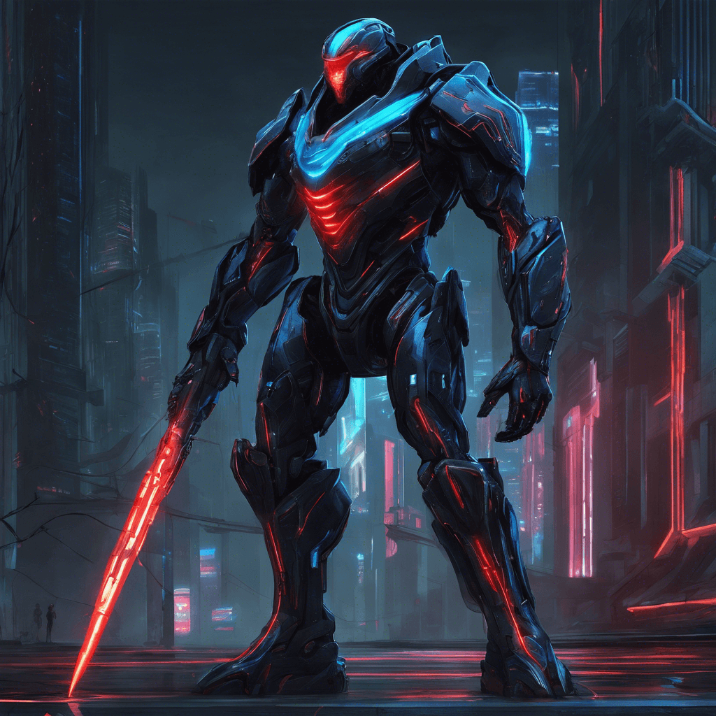 The enemy is a towering figure encased in sleek black cyber-armor with neon blue lines tracing along the limbs. Its eyes emit a cold red glow