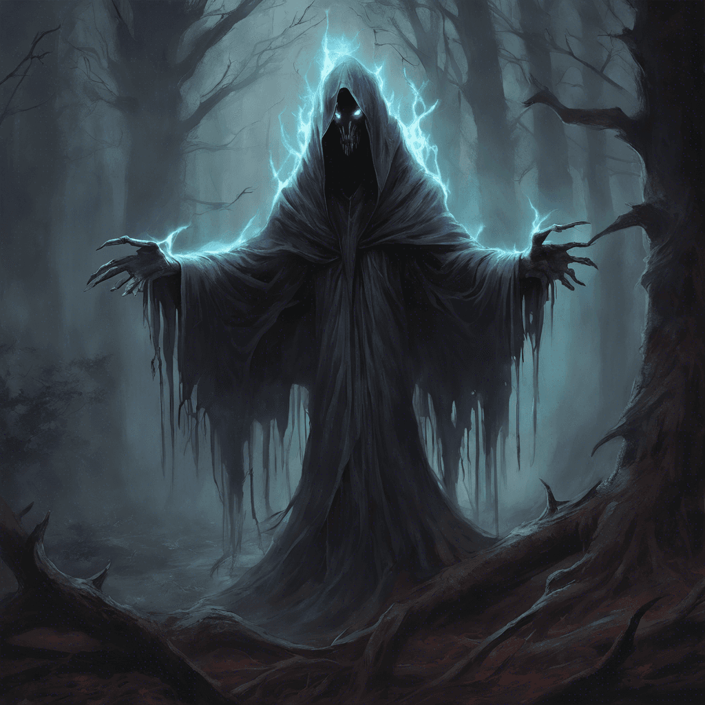 The Specter of Pendasta is a vengeful spirit clad in tattered robes, with glowing eyes that pierce through the darkness of the Whispering Woods. Its ethereal form moves silently, leaving a chilling sensation in its wake as it seeks to protect the grave of Arthur Pendasta.