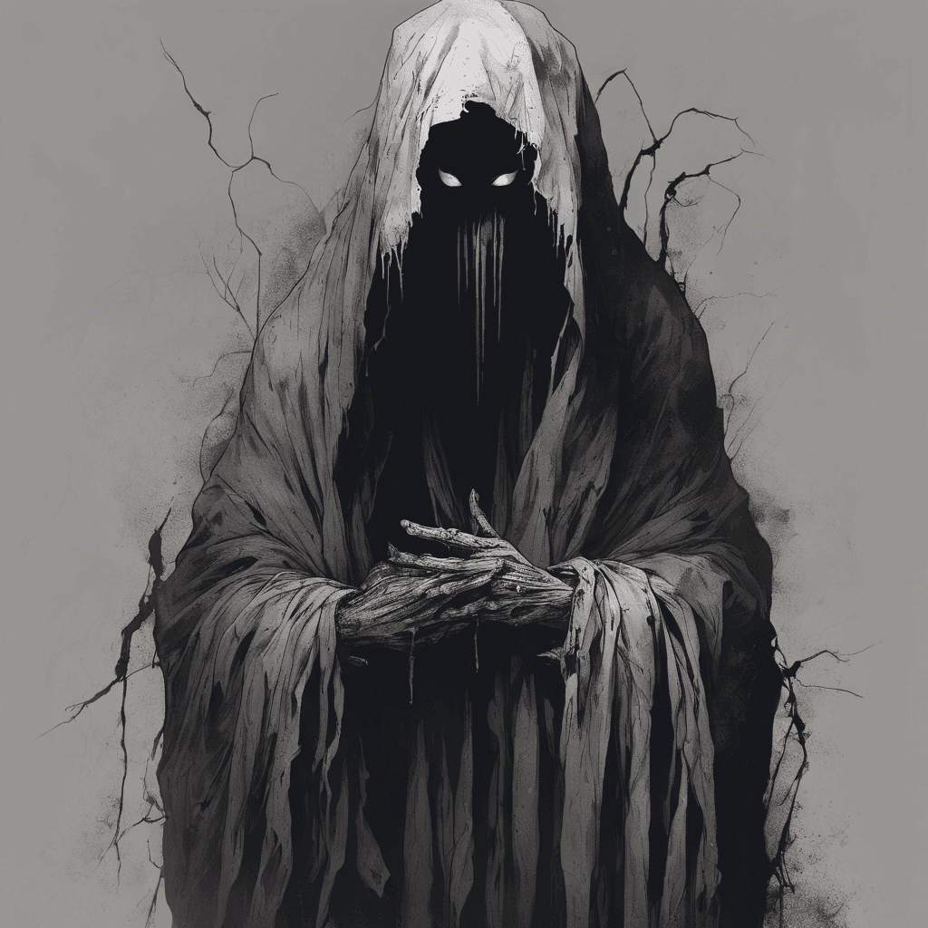 A ghastly figure draped in tattered robes, face obscured by the darkness that seems to cling to it. Its hands are elongated, with fingers that end in sharp, shadowy tendrils.