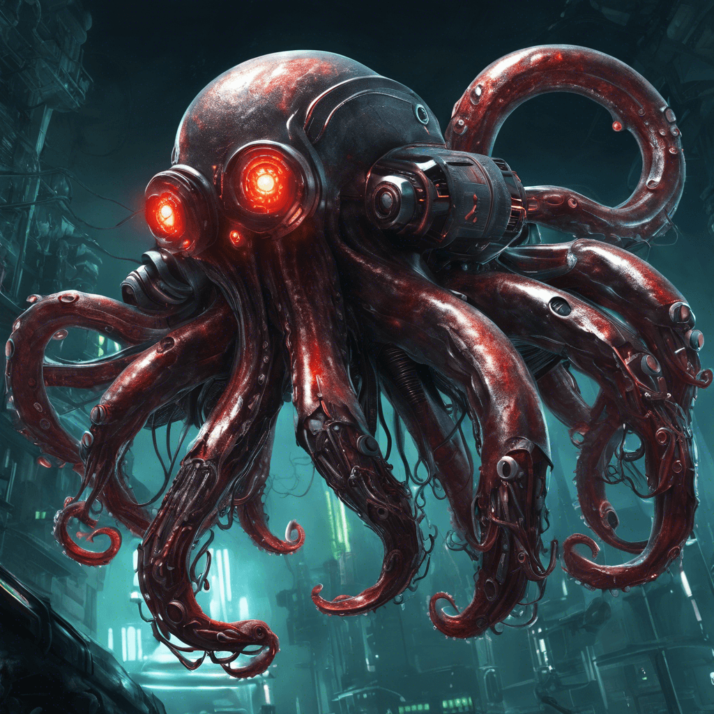 The Cybernetic Kraken is a massive, mechanical squid-like creature with glowing red eyes and multiple steel tentacles armed with laser cannons. Its metal armor shines in the darkness of space, and its movements are swift and precise.