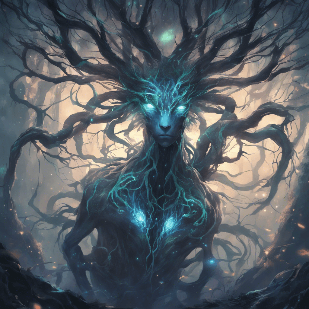 A creature of intertwined branches and glowing foliage, with an ethereal light pulsing at its core. Its eyes are deep pools of luminescence, and its movements are graceful yet eerie.